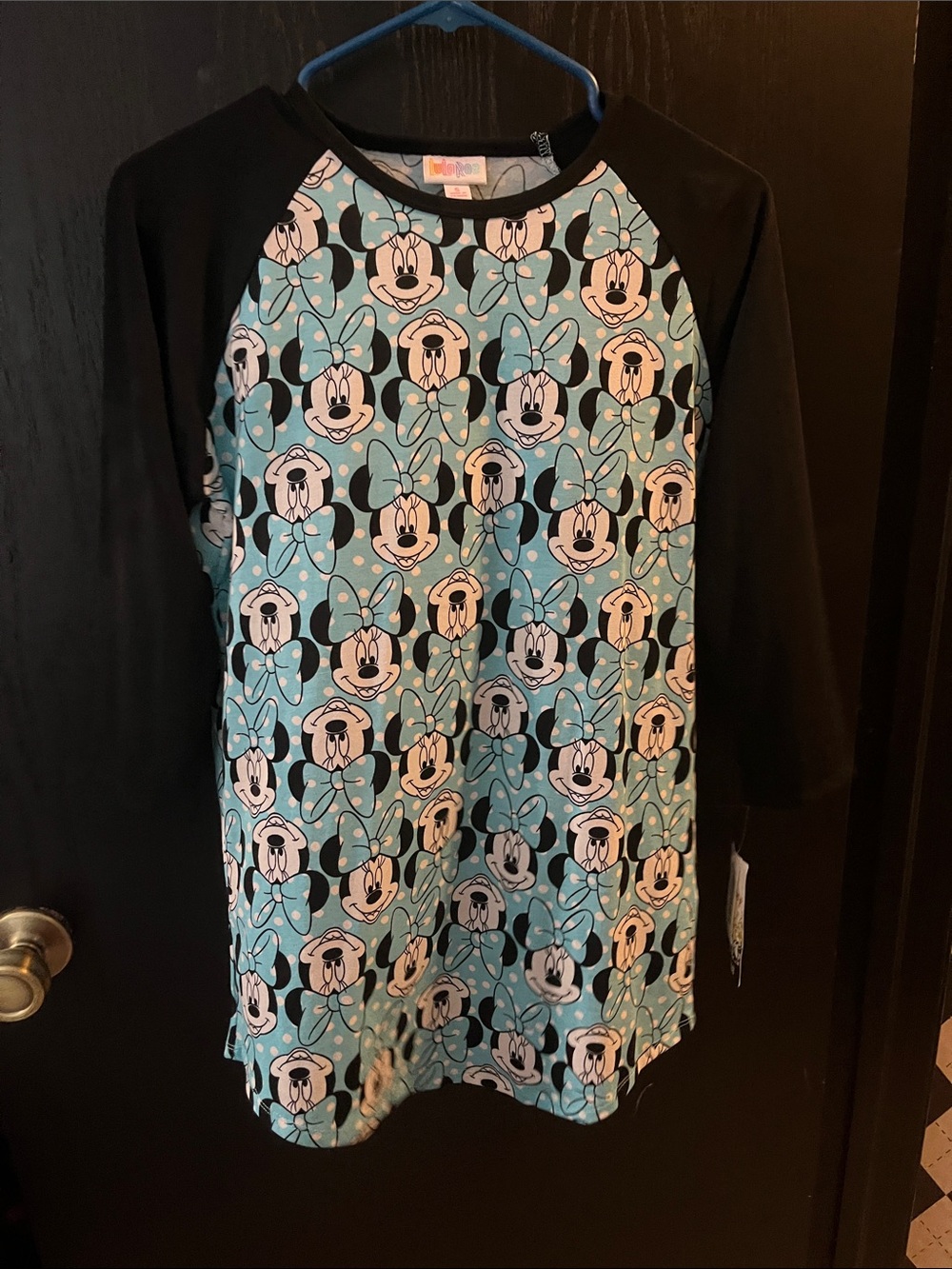 LuLaRoe Girls Black and Aqua Minnie Mouse Raglan Dress